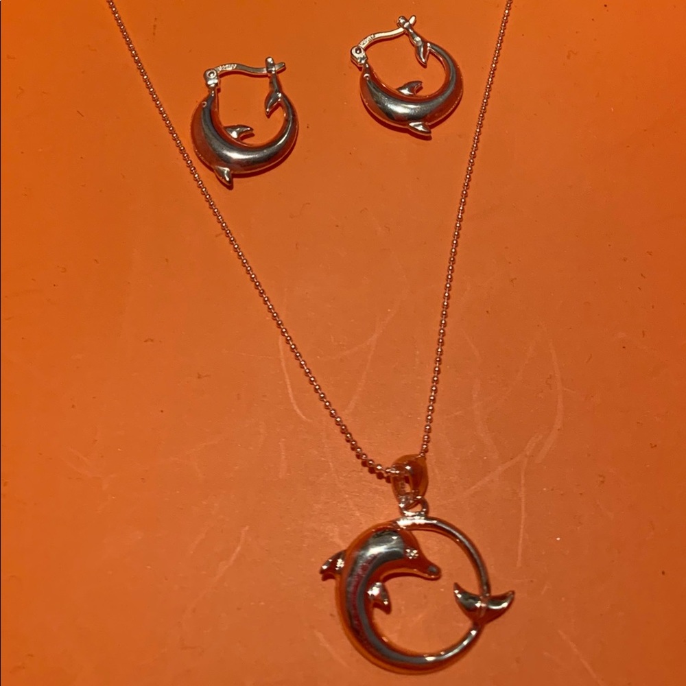 Dolphins pendant and earrings set sterling silver